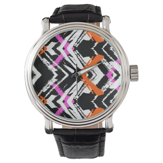 Black, Orange, And Pink Hand Drawn Arrow Pattern Watch (Front)