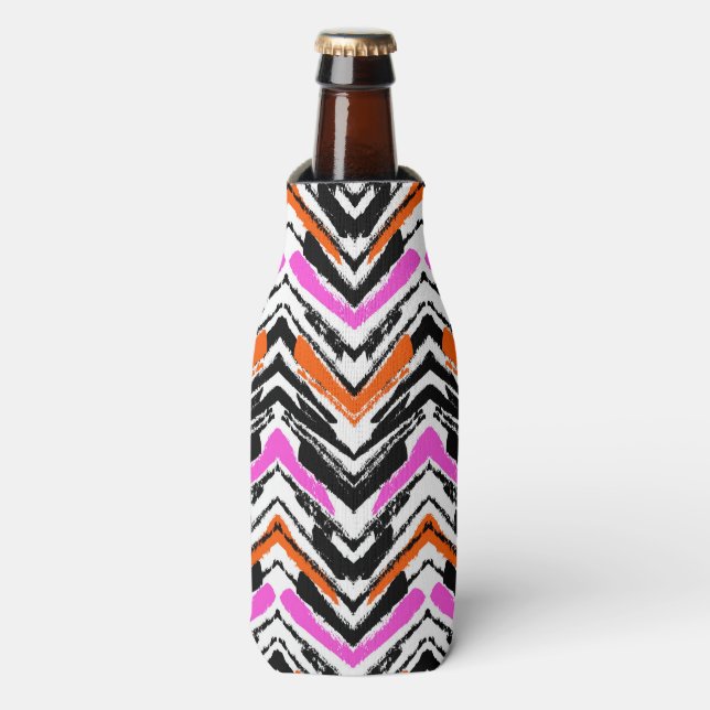 Black, Orange, And Pink Hand Drawn Chevron Pattern Bottle Cooler (Bottle Front)