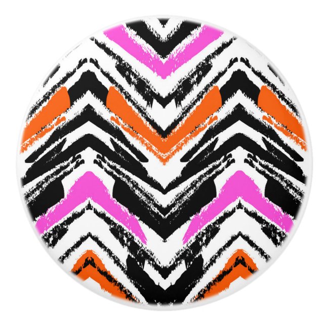Black, Orange, And Pink Hand Drawn Chevron Pattern Ceramic Knob (Front)