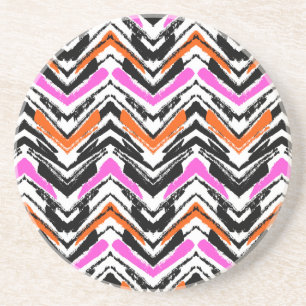 Black, Orange, And Pink Hand Drawn Chevron Pattern Coaster