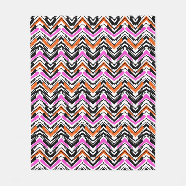 Black, Orange, And Pink Hand Drawn Chevron Pattern Fleece Blanket (Front)