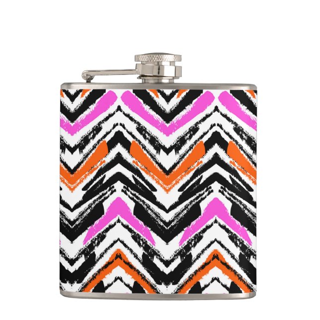 Black, Orange, And Pink Hand Drawn Chevron Pattern Hip Flask (Front)
