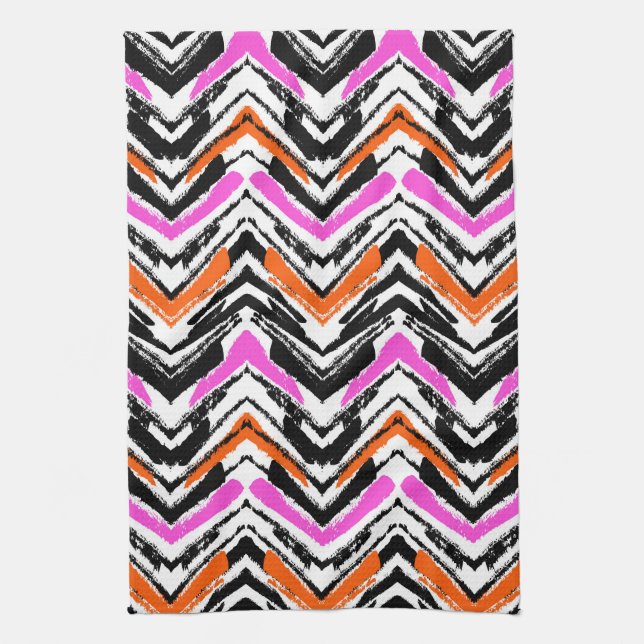 Black, Orange, And Pink Hand Drawn Chevron Pattern Kitchen Towel (Vertical)