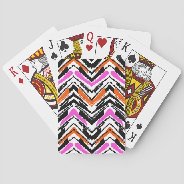 Black, Orange, And Pink Hand Drawn Chevron Pattern Playing Cards (Back)