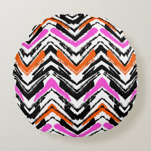 Black, Orange, And Pink Hand Drawn Chevron Pattern Round Pillow (Front)