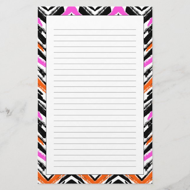Black, Orange, And Pink Hand Drawn Chevron Pattern Stationery (Front)