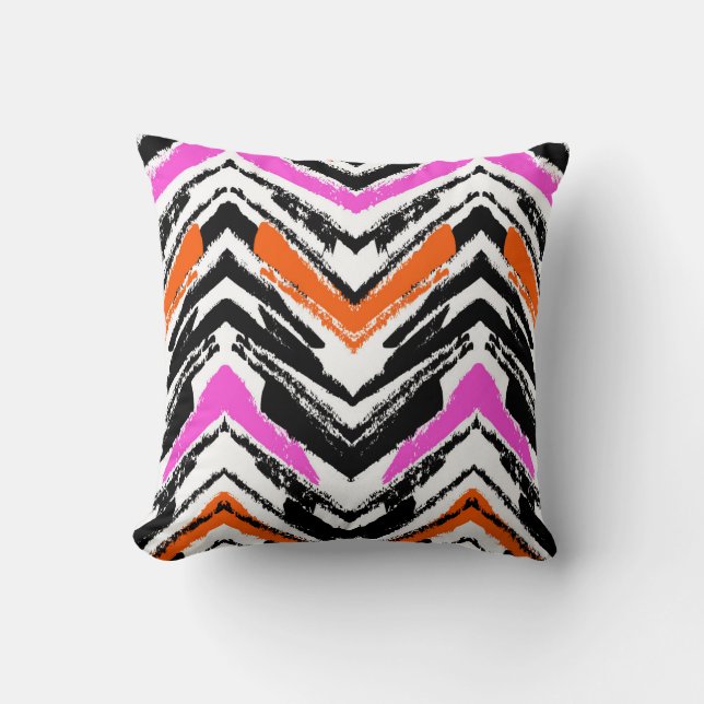 Black, Orange, And Pink Hand Drawn Chevron Pattern Throw Pillow (Front)