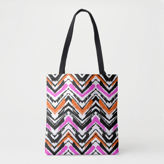 Black, Orange, And Pink Hand Drawn Chevron Pattern Tote Bag (Front)