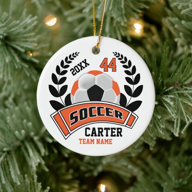 Black, Orange and White Personalize Soccer  ⚽ Ceramic Ornament (Tree)