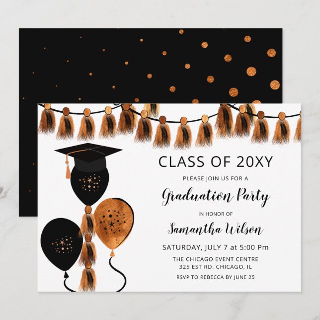 Black Orange Balloons Grad Hat Graduation Party Invitation (Front/Back)