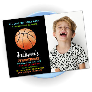 Black Orange Basketball Birthday Invitations photo