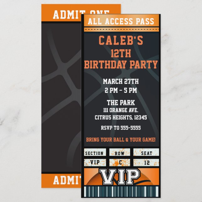 Black Orange Basketball Birthday Party VIP Ticket Invitation (Front/Back)