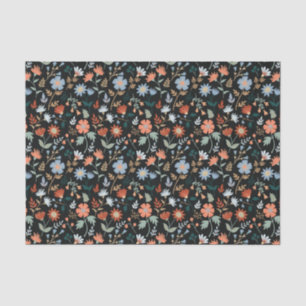 Black Orange Blue Botanical Floral Pattern Tissue Paper
