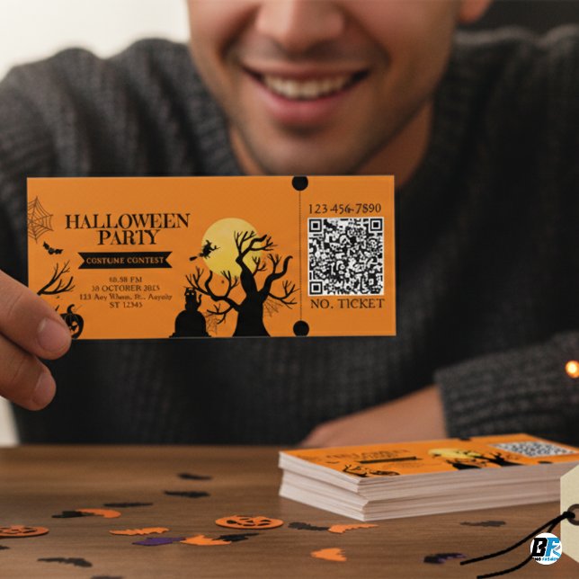 Black & Orange Bold Halloween Party Entry Ticket Invitation (Creator Uploaded)