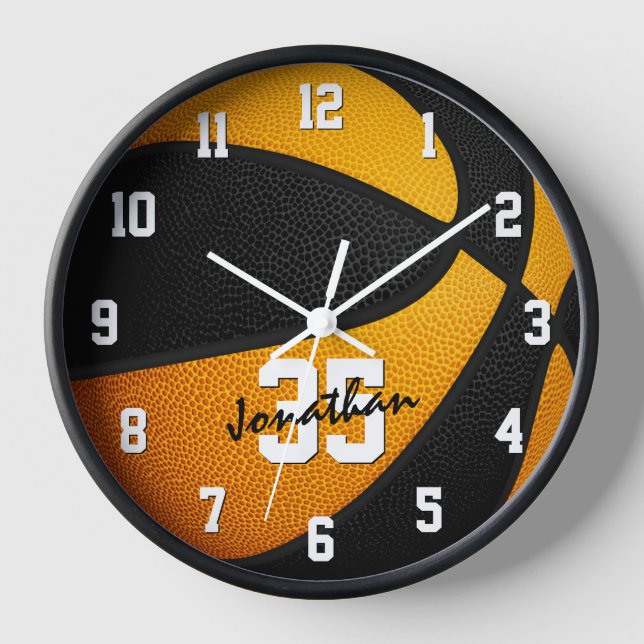 black orange boys girls basketball personalized clock (Front)