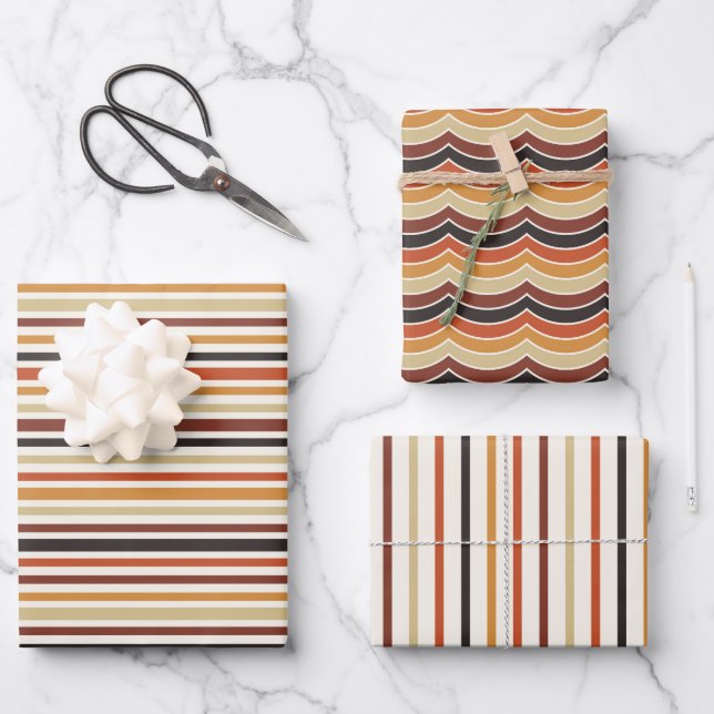 BLACK ORANGE BROWN TAN FALL STRIPES WRAPPING PAPER SHEET (Front)