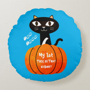 Black Orange Cat Pumpkin Trick or Treat Halloween Round Pillow