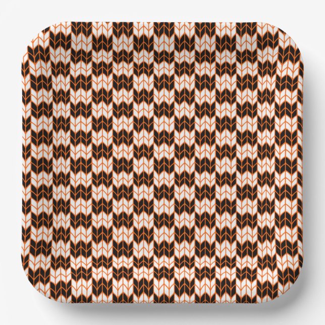 BLACK ORANGE CHECK KNIT 9" Square Paper Plates (Front)
