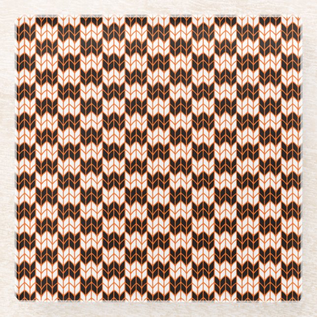 BLACK ORANGE CHECK KNIT Glass Drink Coaster (Front)