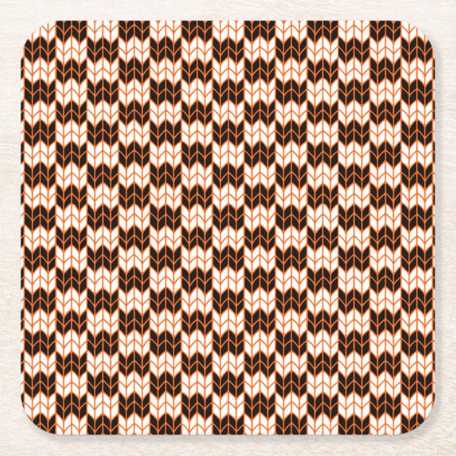 BLACK ORANGE CHECK KNIT Square Paper Coasters (Front)