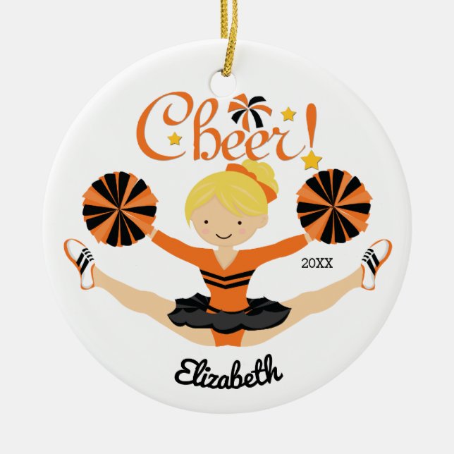 Black & Orange Cheer Blonde Cheerleader Ornament (Front)