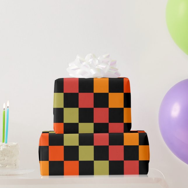 Black Orange Chequered etro Plaid Pattern  Wrapping Paper (Party Gifts)