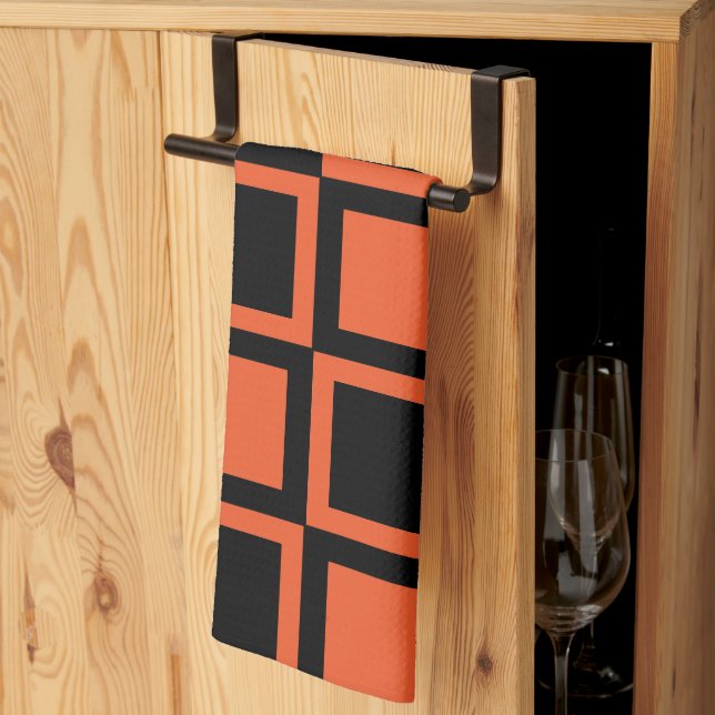 Black Orange Chequered Square Pattern Kitchen Towel (Thirds Fold)
