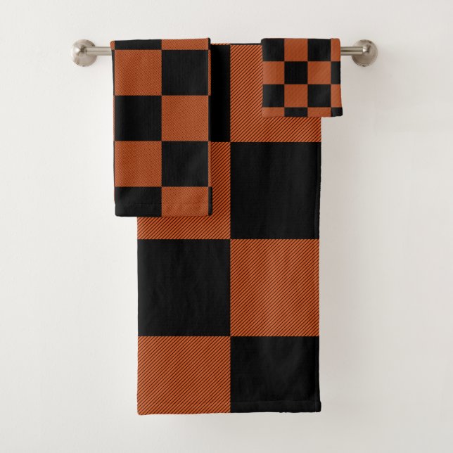 Black & Orange Chequered Squares Buffalo Plaid Bath Towel Set (Insitu)