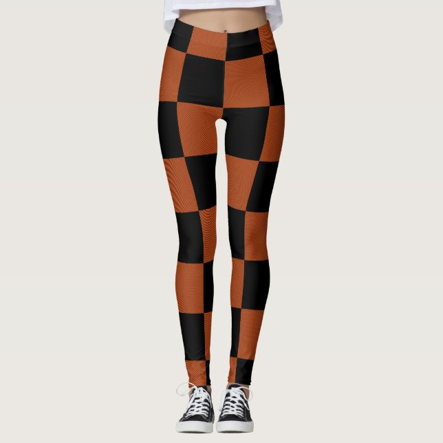 Black & Orange Chequered Squares Buffalo Plaid Leggings (Front)