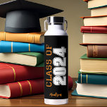 Black Orange Class of 2024 Personalized Graduation Water Bottle<br><div class="desc">This black orange custom senior graduate water bottle features bold white typography reading class of 2024 in varsity letters for a high school or college graduation party keepsake gift. Customize with your name in elegant cursive script underneath for a great commemorative favour.</div>