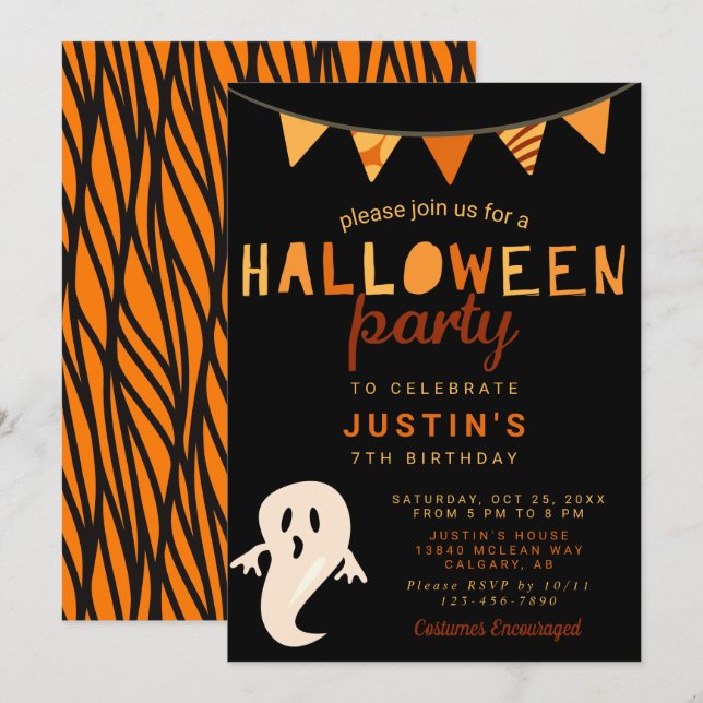 Black Orange Cute Halloween Birthday Party Kids Invitation (Front/Back)