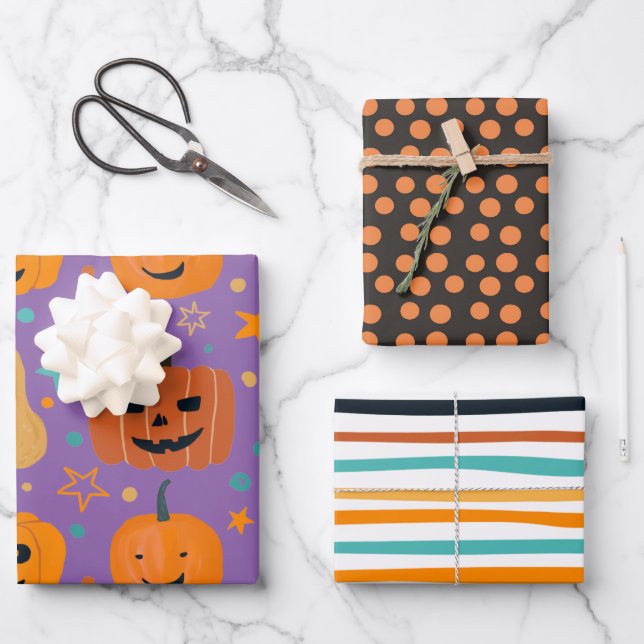 Black Orange Cute Pumpkin Stripes Halloween Wrapping Paper Sheet (Front)