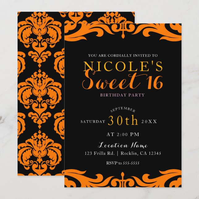Black & Orange Damask Chic Elegant Sweet 16 Party Invitation (Front/Back)