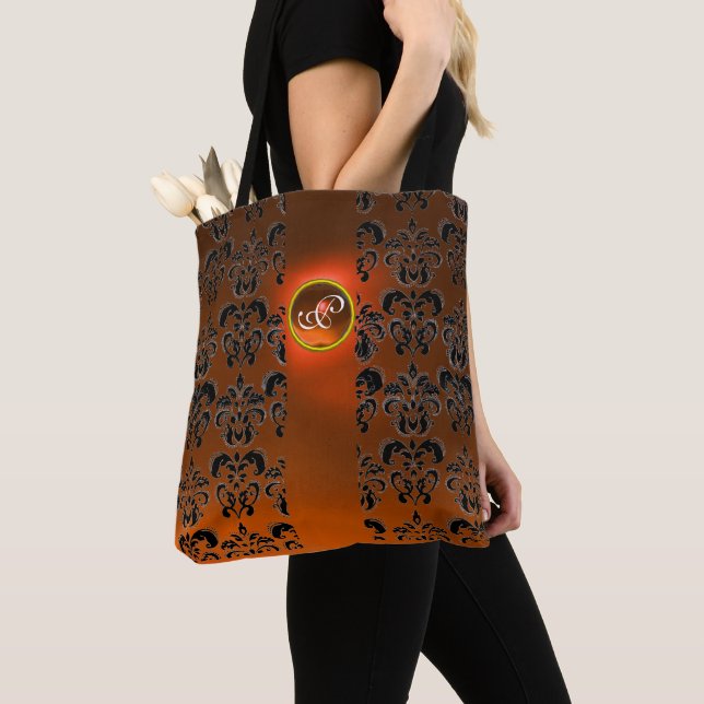 BLACK ORANGE DAMASK FLORAL GEMSTONE MONOGRAM TOTE BAG (Close Up)