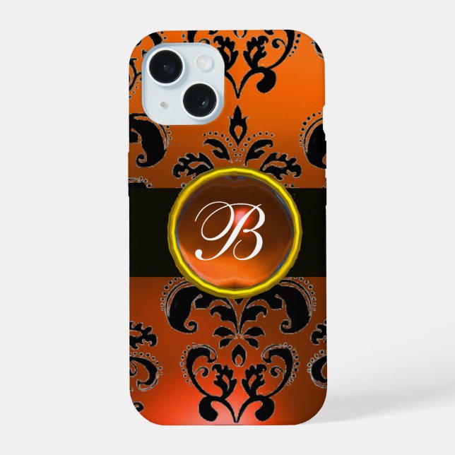 BLACK ORANGE DAMASK MONOGRAM Gemstone iPhone 15 Case (Back)