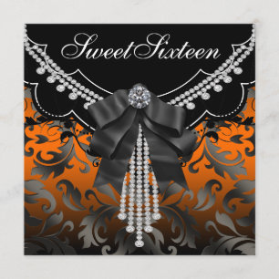 Black Orange Damask Sweet Sixteen Party Invitation