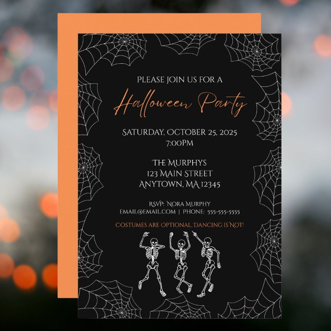 Black Orange Dancing Skeletons Halloween Party Invitation (Creator Uploaded)