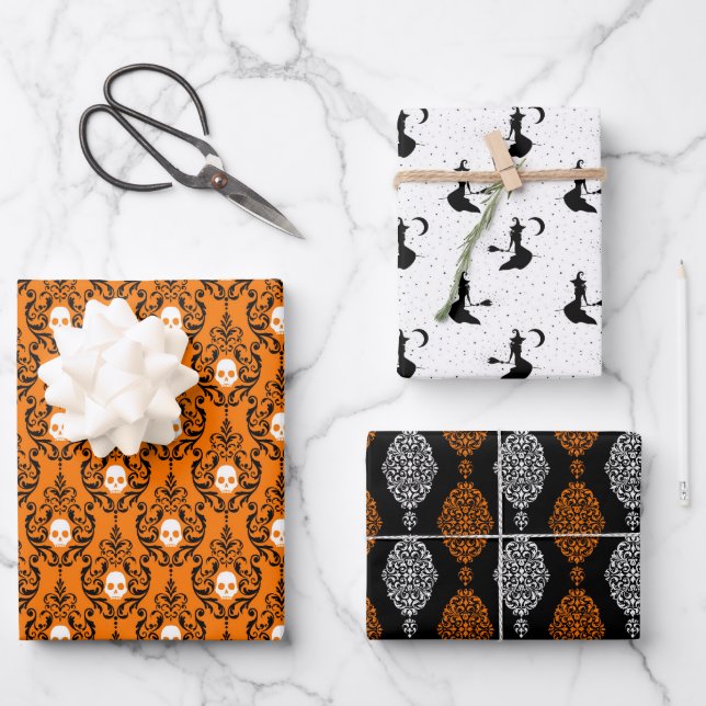 Black Orange Fancy Skull Damask Witch Halloween Wrapping Paper Sheet (Front)