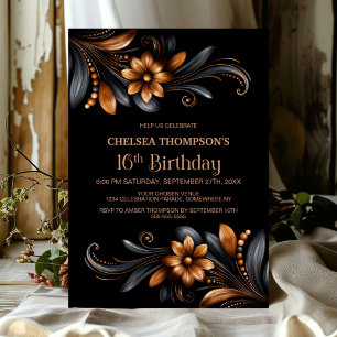 Black Orange Floral 16th Birthday Party Invitation