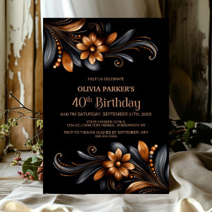 Black Orange Floral 40th Birthday Party Invitation