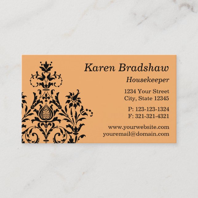 Black & Orange Floral Damask Business Card (Front)