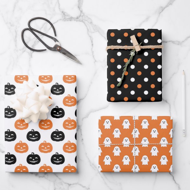 Black Orange Ghost Pumpkin Dots Halloween Wrapping Paper Sheet (Front)