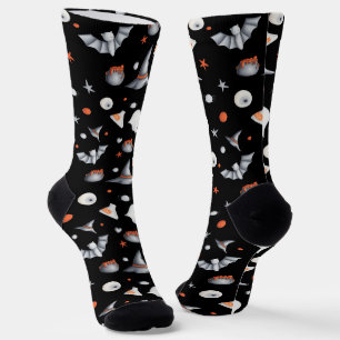 Black Orange Ghosts Bats Illustrated Halloween Socks