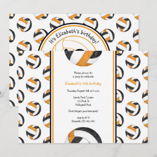 black orange girls' volleyball birthday party invitation