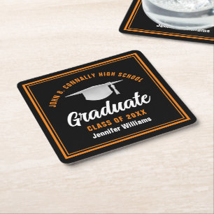 Black Orange Graduate Custom 2025 Graduation Party Square Paper Coaster