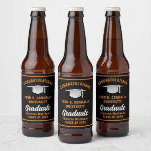 Black Orange Graduate Custom Graduation Party Beer Bottle Label