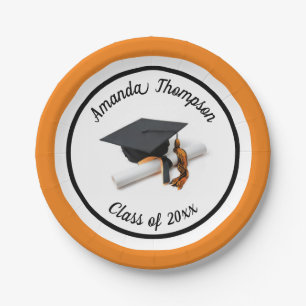 Black Orange Graduation Cap and Tassel Custom Paper Plate