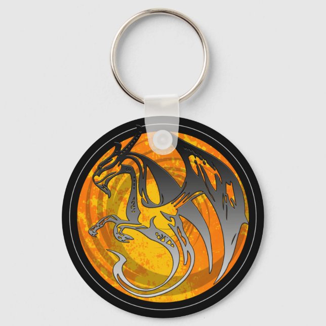 Black orange grunge wing dragon round keychain (Front)