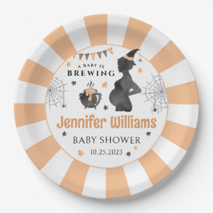Black orange Halloween baby is brewing baby shower Paper Plate