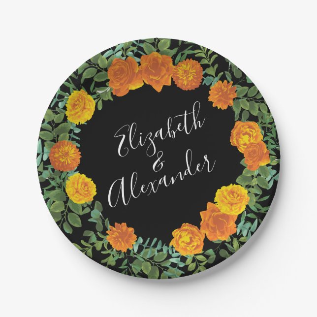 Black & Orange Halloween Gothic Wedding Collection Paper Plate (Front)